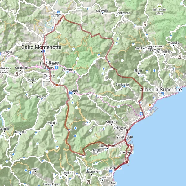 Miniature de la carte de l'inspiration cycliste "Défi montagneux de Spotorno à Bergeggi" dans la Liguria, Italy. Générée par le planificateur d'itinéraire cycliste Tarmacs.app