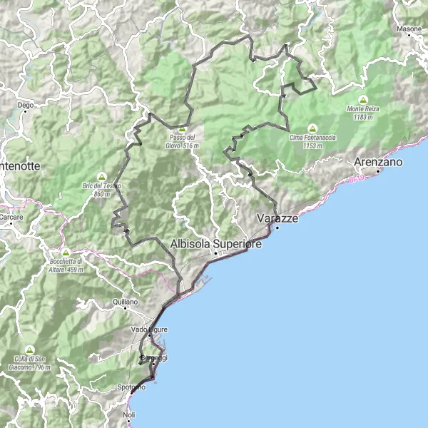 Miniatuurkaart van de fietsinspiratie "Schilderachtige Wielrentocht van Vado Ligure naar Bergeggi" in Liguria, Italy. Gemaakt door de Tarmacs.app fietsrouteplanner