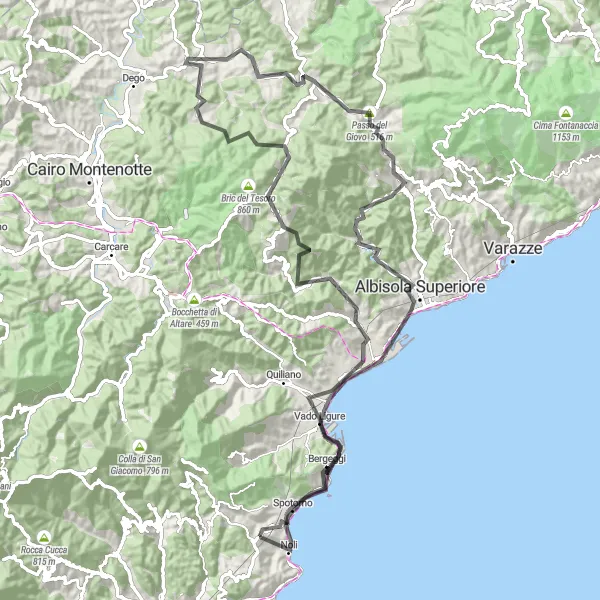 Miniatua del mapa de inspiración ciclista "Atravesando Bric Groppino y Monte San Giorgio" en Liguria, Italy. Generado por Tarmacs.app planificador de rutas ciclistas