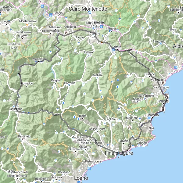 Map miniature of "Road Cycling around Spotorno and Monte Corno" cycling inspiration in Liguria, Italy. Generated by Tarmacs.app cycling route planner