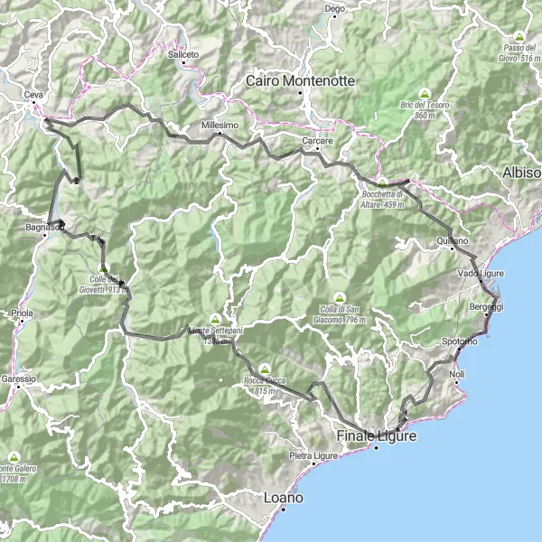 Miniaturní mapa "Cyklistická trasa Monte Corno a zpět od Spotorna" inspirace pro cyklisty v oblasti Liguria, Italy. Vytvořeno pomocí plánovače tras Tarmacs.app