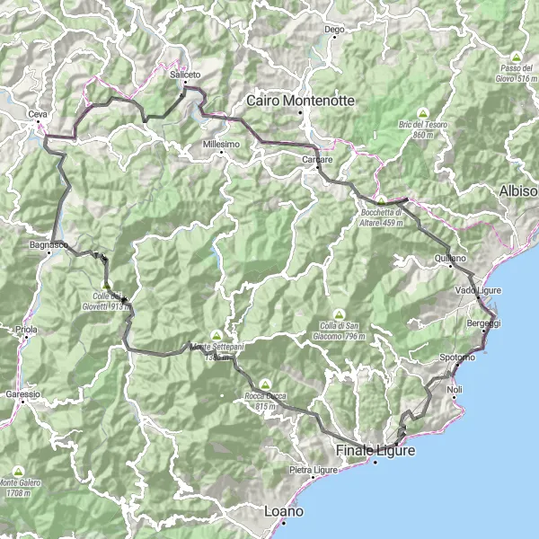 Miniatuurkaart van de fietsinspiratie "Historische Wielrentocht van Monte Corno naar Spotorno" in Liguria, Italy. Gemaakt door de Tarmacs.app fietsrouteplanner