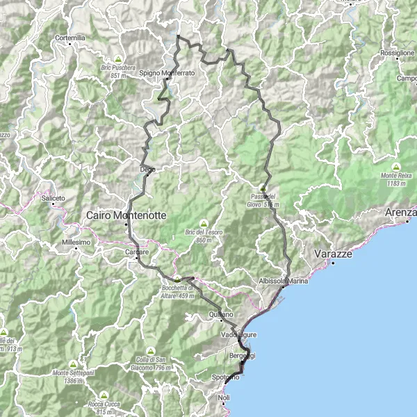 Map miniature of "Spotorno to Monte Rocchetto Round-Trip" cycling inspiration in Liguria, Italy. Generated by Tarmacs.app cycling route planner