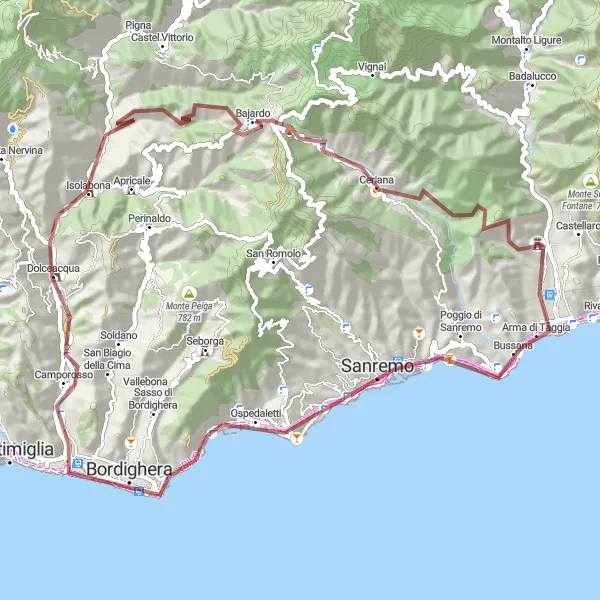 Miniatua del mapa de inspiración ciclista "Ruta de Grava a Bajardo" en Liguria, Italy. Generado por Tarmacs.app planificador de rutas ciclistas