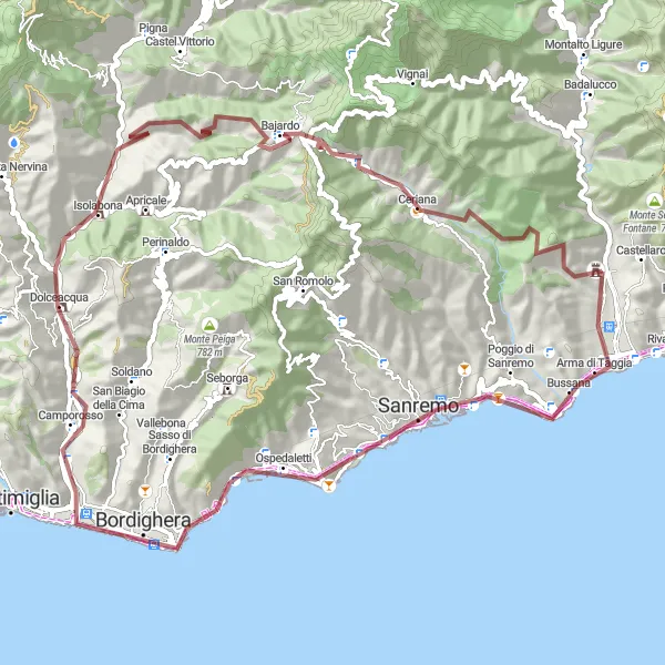 Miniatura della mappa di ispirazione al ciclismo "Avventura gravel da Sanremo a Taggia" nella regione di Liguria, Italy. Generata da Tarmacs.app, pianificatore di rotte ciclistiche