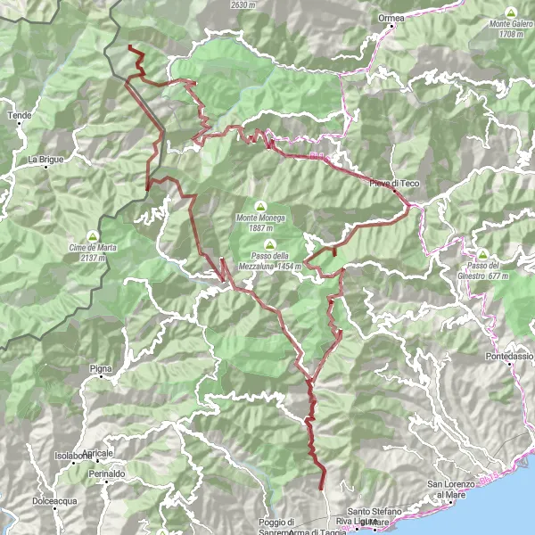 Map miniature of "Explore the Mountainous Terrain" cycling inspiration in Liguria, Italy. Generated by Tarmacs.app cycling route planner