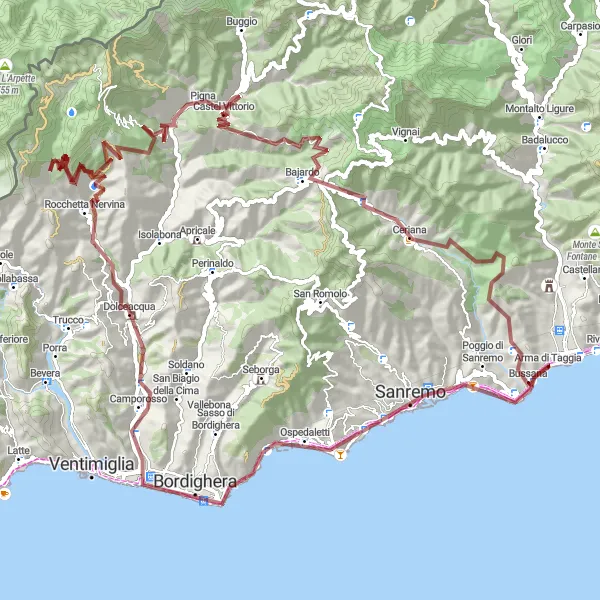 Map miniature of "The Adventurous Ligurian Gravel Experience" cycling inspiration in Liguria, Italy. Generated by Tarmacs.app cycling route planner