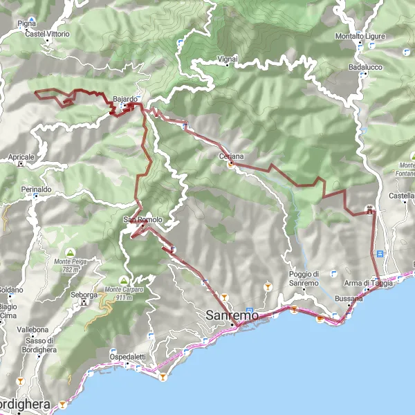 Map miniature of "Sanremo - Monte Giamanassa Loop" cycling inspiration in Liguria, Italy. Generated by Tarmacs.app cycling route planner