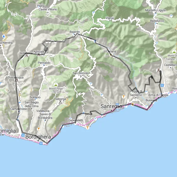 Map miniature of "Taggia - Bussana Vecchia Route" cycling inspiration in Liguria, Italy. Generated by Tarmacs.app cycling route planner