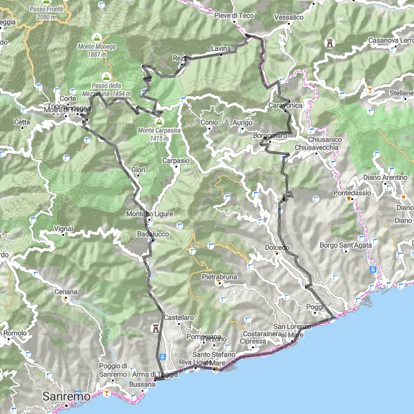 Mapa miniatúra "Road Cycling from Taggia to Monte Grange and back" cyklistická inšpirácia v Liguria, Italy. Vygenerované cyklistickým plánovačom trás Tarmacs.app