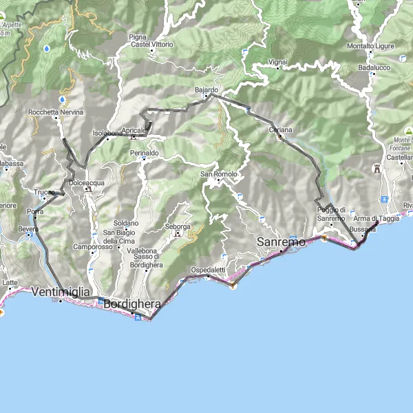 Kartminiatyr av "Vägcykling till Belvedere Bandiera Blu" cykelinspiration i Liguria, Italy. Genererad av Tarmacs.app cykelruttplanerare