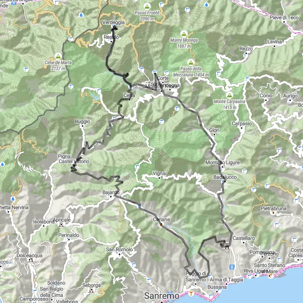 Miniatua del mapa de inspiración ciclista "Ruta desafiante desde Taggia a Triora" en Liguria, Italy. Generado por Tarmacs.app planificador de rutas ciclistas