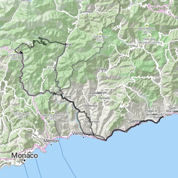 Miniaturní mapa "Náročná cyklostezka Ospedaletti - Bussana" inspirace pro cyklisty v oblasti Liguria, Italy. Vytvořeno pomocí plánovače tras Tarmacs.app