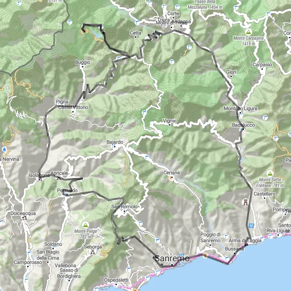 Zemljevid v pomanjšavi "Cycling around Taggia and Liguria" kolesarske inspiracije v Liguria, Italy. Generirano z načrtovalcem kolesarskih poti Tarmacs.app