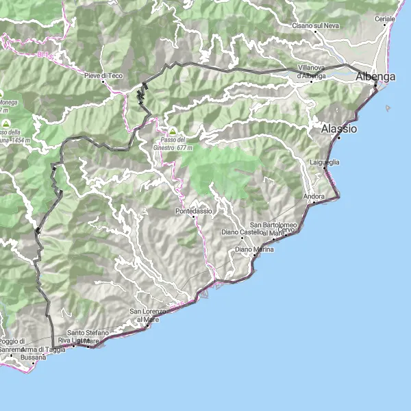 Miniatura della mappa di ispirazione al ciclismo "Tra Colline e Mare - Taggia ad Albenga" nella regione di Liguria, Italy. Generata da Tarmacs.app, pianificatore di rotte ciclistiche