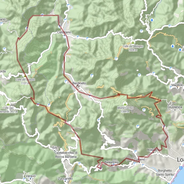 Miniature de la carte de l'inspiration cycliste "Aventure gravel près de Toirano" dans la Liguria, Italy. Générée par le planificateur d'itinéraire cycliste Tarmacs.app