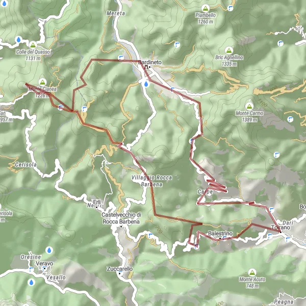 Miniature de la carte de l'inspiration cycliste "Exploration des routes gravier autour de Toirano" dans la Liguria, Italy. Générée par le planificateur d'itinéraire cycliste Tarmacs.app