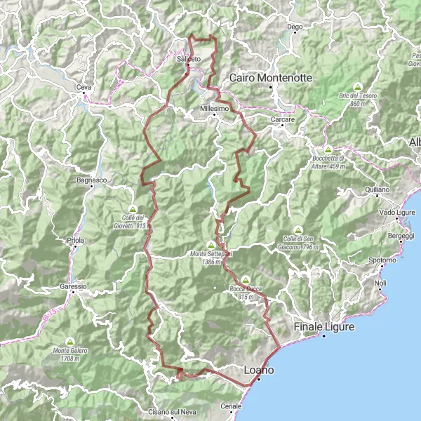 Miniatura della mappa di ispirazione al ciclismo "Tour Gravel da Toirano a Pietra Ligure" nella regione di Liguria, Italy. Generata da Tarmacs.app, pianificatore di rotte ciclistiche