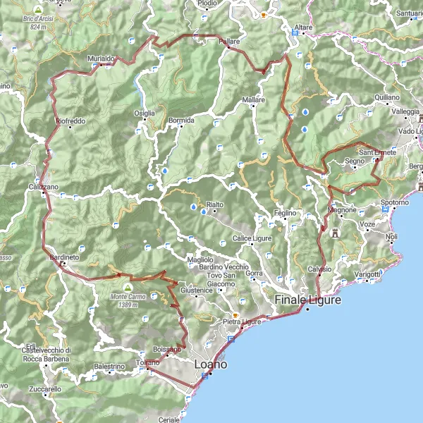 Miniatura della mappa di ispirazione al ciclismo "Giro in Gravel da Toirano a Loano" nella regione di Liguria, Italy. Generata da Tarmacs.app, pianificatore di rotte ciclistiche