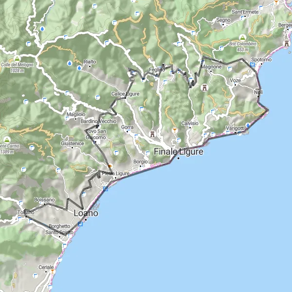 Miniature de la carte de l'inspiration cycliste "Tour pittoresque à vélo autour de Toirano" dans la Liguria, Italy. Générée par le planificateur d'itinéraire cycliste Tarmacs.app