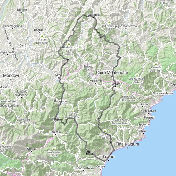 Map miniature of "The Ligurian Mountain Challenge" cycling inspiration in Liguria, Italy. Generated by Tarmacs.app cycling route planner