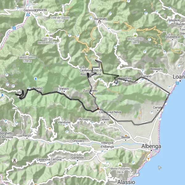 Map miniature of "The Ligurian Hilltop Excursion" cycling inspiration in Liguria, Italy. Generated by Tarmacs.app cycling route planner