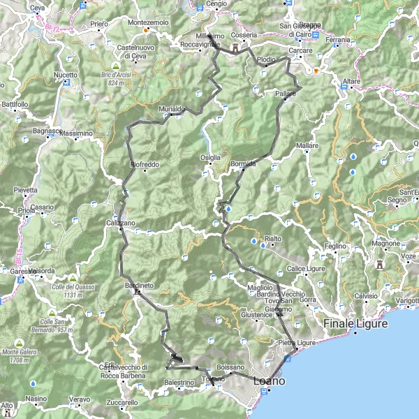 Miniatuurkaart van de fietsinspiratie "Toirano - Millesimo Route" in Liguria, Italy. Gemaakt door de Tarmacs.app fietsrouteplanner