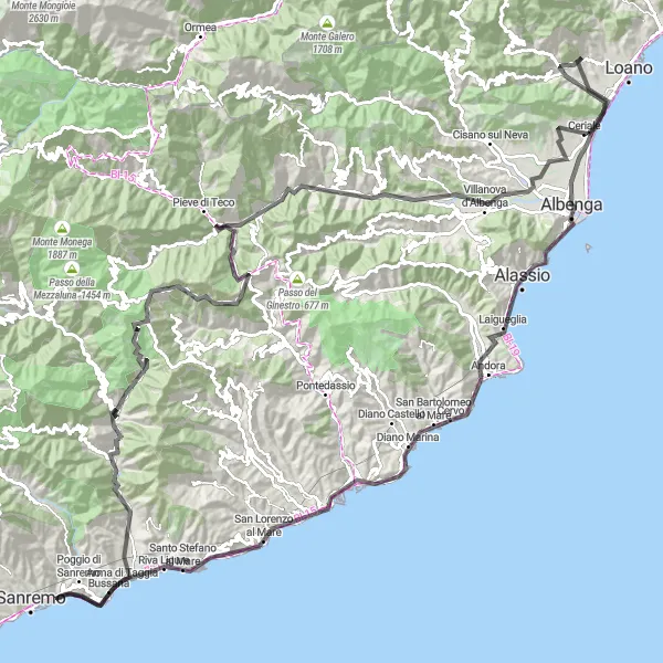 Map miniature of "The Ligurian Coastline and Mountain Challenge" cycling inspiration in Liguria, Italy. Generated by Tarmacs.app cycling route planner