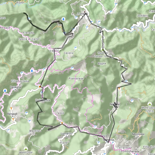 Miniature de la carte de l'inspiration cycliste "Tour panoramique autour d'Uscio" dans la Liguria, Italy. Générée par le planificateur d'itinéraire cycliste Tarmacs.app
