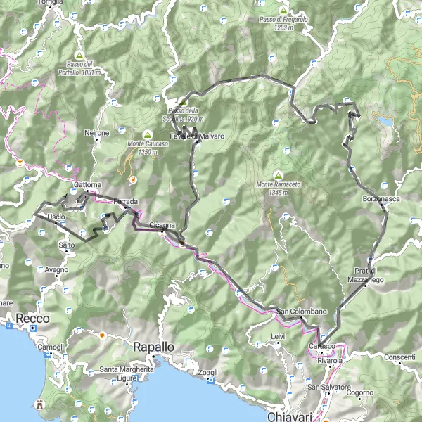 Map miniature of "Exploring Malvaro" cycling inspiration in Liguria, Italy. Generated by Tarmacs.app cycling route planner