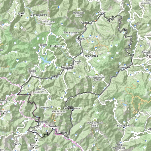 Miniature de la carte de l'inspiration cycliste "Route de montagne de Gattorna à Passo della Spinarola" dans la Liguria, Italy. Générée par le planificateur d'itinéraire cycliste Tarmacs.app