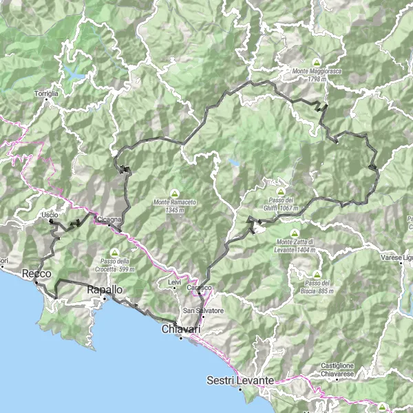 Karten-Miniaturansicht der Radinspiration "Herausforderung Ligurischer Apennin" in Liguria, Italy. Erstellt vom Tarmacs.app-Routenplaner für Radtouren