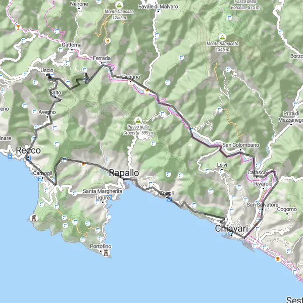 Miniatura della mappa di ispirazione al ciclismo "Giro panoramico in bicicletta da Uscio a Rapallo" nella regione di Liguria, Italy. Generata da Tarmacs.app, pianificatore di rotte ciclistiche