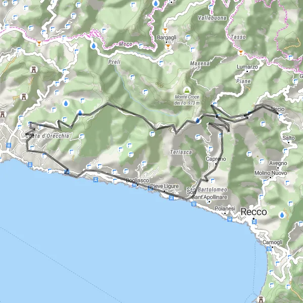 Mapa miniatúra "Cyklo trasa Monte Cornua" cyklistická inšpirácia v Liguria, Italy. Vygenerované cyklistickým plánovačom trás Tarmacs.app