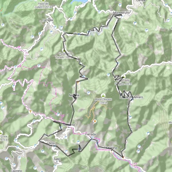 Miniaturní mapa "Za dobrodružstvím kolem Monte Serro" inspirace pro cyklisty v oblasti Liguria, Italy. Vytvořeno pomocí plánovače tras Tarmacs.app