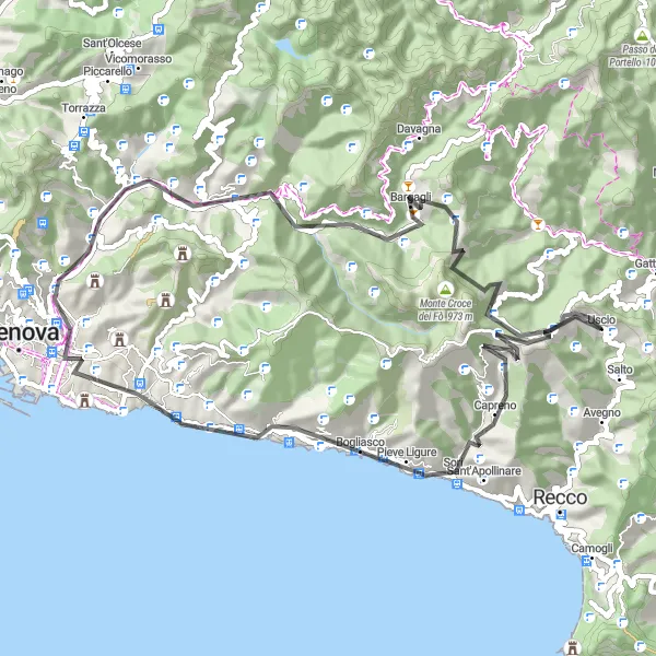 Miniature de la carte de l'inspiration cycliste "L'Escapade côtière de Sori à Uscio" dans la Liguria, Italy. Générée par le planificateur d'itinéraire cycliste Tarmacs.app