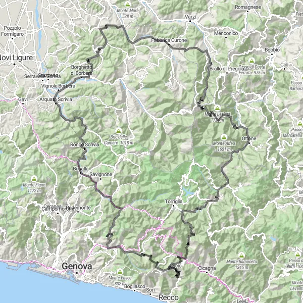 Map miniature of "The Road to Monte Serro" cycling inspiration in Liguria, Italy. Generated by Tarmacs.app cycling route planner