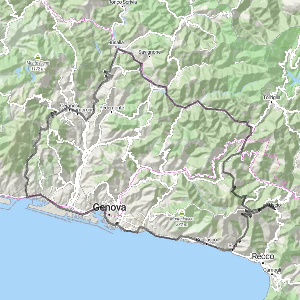 Miniatura della mappa di ispirazione al ciclismo "Avventura ciclistica da Uscio a Ceranesi" nella regione di Liguria, Italy. Generata da Tarmacs.app, pianificatore di rotte ciclistiche