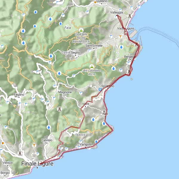 Miniaturní mapa "Gravelová jízda podél pobřeží z Vado Ligure" inspirace pro cyklisty v oblasti Liguria, Italy. Vytvořeno pomocí plánovače tras Tarmacs.app