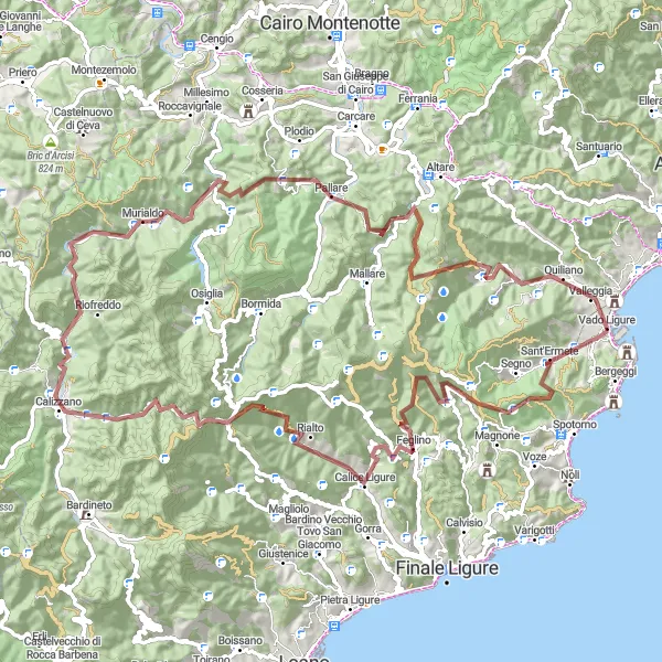 Karttaminiaatyyri "Pyöräilyretki kohti Monte Baracconea" pyöräilyinspiraatiosta alueella Liguria, Italy. Luotu Tarmacs.app pyöräilyreittisuunnittelijalla