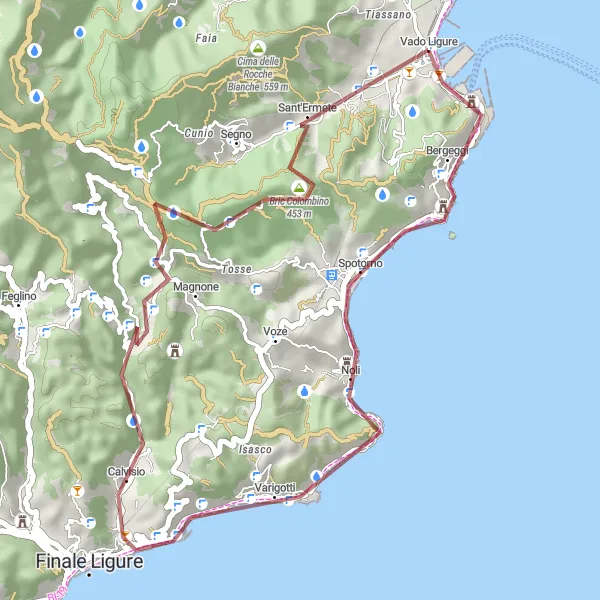 Miniatuurkaart van de fietsinspiratie "Gravelroute via Noli en Monte Corno" in Liguria, Italy. Gemaakt door de Tarmacs.app fietsrouteplanner