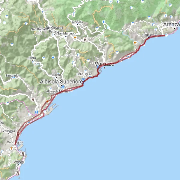Miniatura della mappa di ispirazione al ciclismo "Percorso in Gravel verso Varazze" nella regione di Liguria, Italy. Generata da Tarmacs.app, pianificatore di rotte ciclistiche