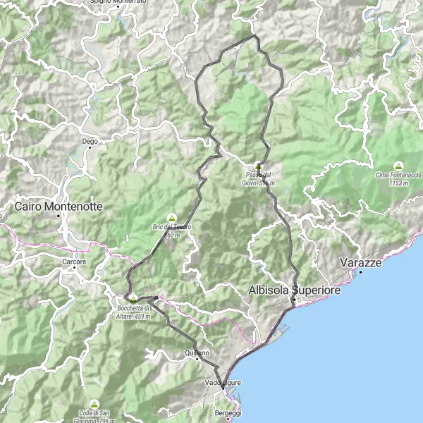 Karttaminiaatyyri "Vaativa reitti Quilianosta Albiola Superioreen" pyöräilyinspiraatiosta alueella Liguria, Italy. Luotu Tarmacs.app pyöräilyreittisuunnittelijalla