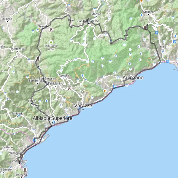 Miniatua del mapa de inspiración ciclista "Ruta de Ciclismo de Carretera Vado Ligure - Destacados de Liguria" en Liguria, Italy. Generado por Tarmacs.app planificador de rutas ciclistas