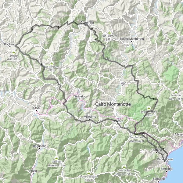 Miniatura della mappa di ispirazione al ciclismo "Giro in bicicletta da Vado Ligure: Montenotte e Langhe" nella regione di Liguria, Italy. Generata da Tarmacs.app, pianificatore di rotte ciclistiche