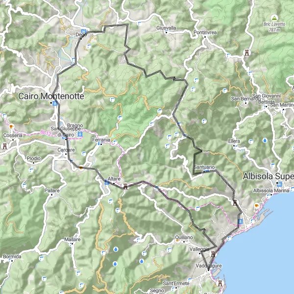 Miniatura della mappa di ispirazione al ciclismo "Giro Panoramico da Valleggia a Santo Spirito" nella regione di Liguria, Italy. Generata da Tarmacs.app, pianificatore di rotte ciclistiche