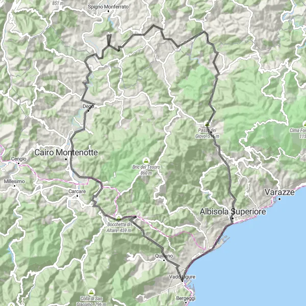 Miniatua del mapa de inspiración ciclista "Ruta de Carretera de Savona y Monte Mola" en Liguria, Italy. Generado por Tarmacs.app planificador de rutas ciclistas