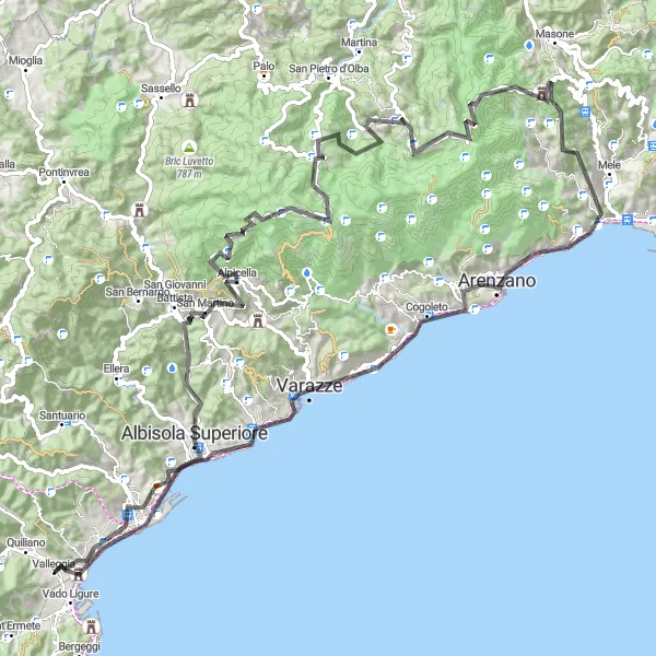 Miniatura della mappa di ispirazione al ciclismo "Giro in bicicletta da Vado Ligure" nella regione di Liguria, Italy. Generata da Tarmacs.app, pianificatore di rotte ciclistiche