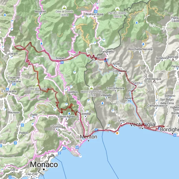 Miniaturní mapa "Gravelová dobrodružná cesta kolem Mentonu a Sospelu" inspirace pro cyklisty v oblasti Liguria, Italy. Vytvořeno pomocí plánovače tras Tarmacs.app