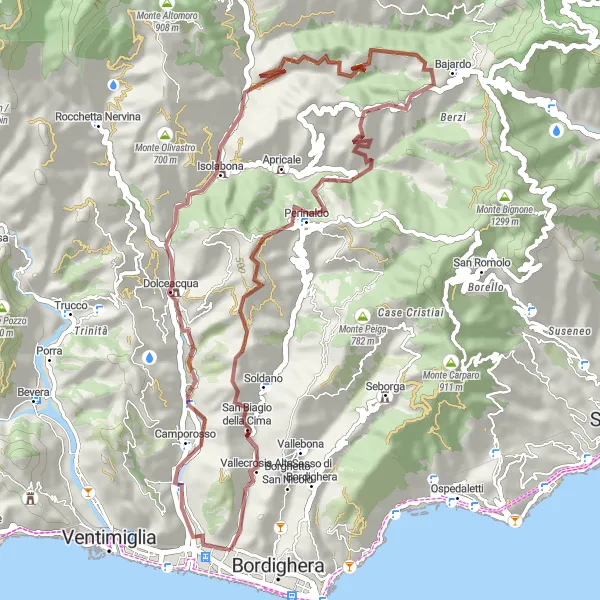Kartminiatyr av "Dolceacqua Grusvei Sykling Rute" sykkelinspirasjon i Liguria, Italy. Generert av Tarmacs.app sykkelrutoplanlegger